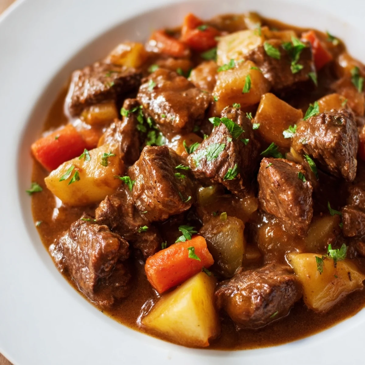 Hearty beef stew with root vegetables and herbs served in a rustic bowl, garnished with fresh parsley and alongside crusty bread for dipping.  