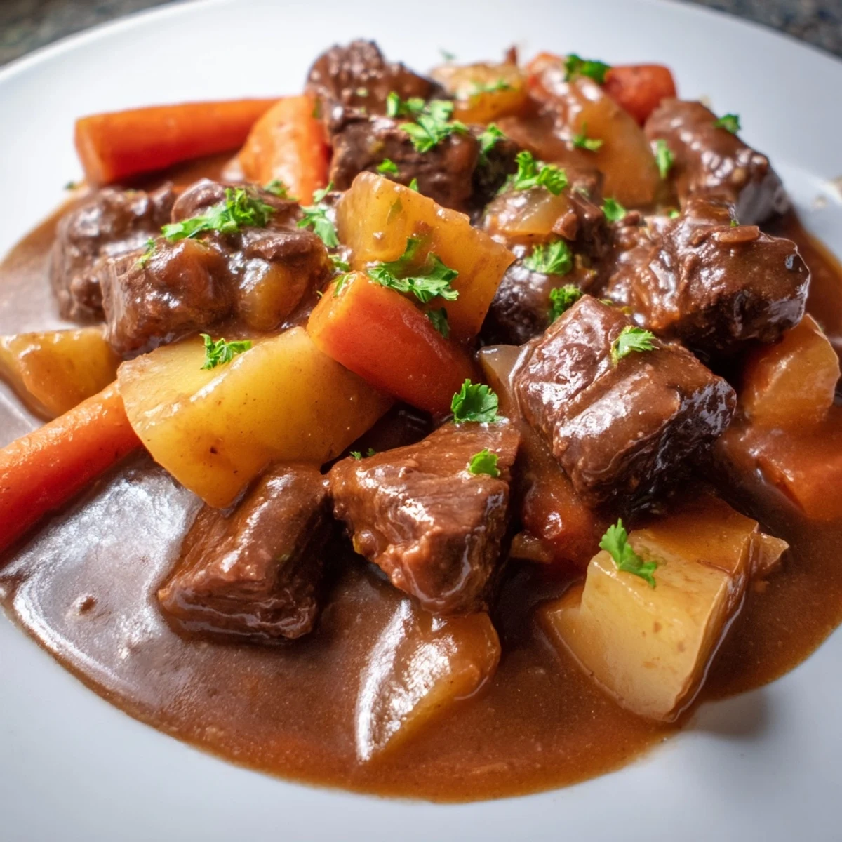 Steamy bowl of beef stew with root vegetables and herbs, featuring tender chunks of beef, carrots, parsnips, and potatoes in a rich, savory broth.  