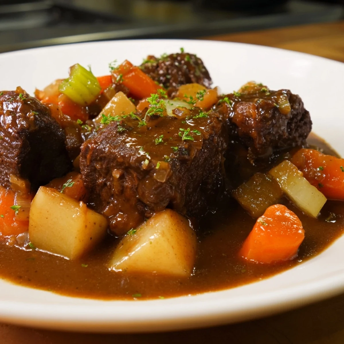 Beef Stew with Root Vegetables served in a rustic bowl beside crusty bread for dipping.