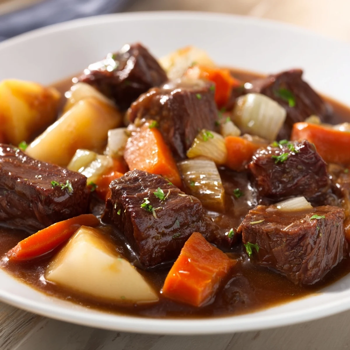 Steaming bowl of Beef Stew with Root Vegetables featuring tender beef, carrots, and potatoes in rich gravy.