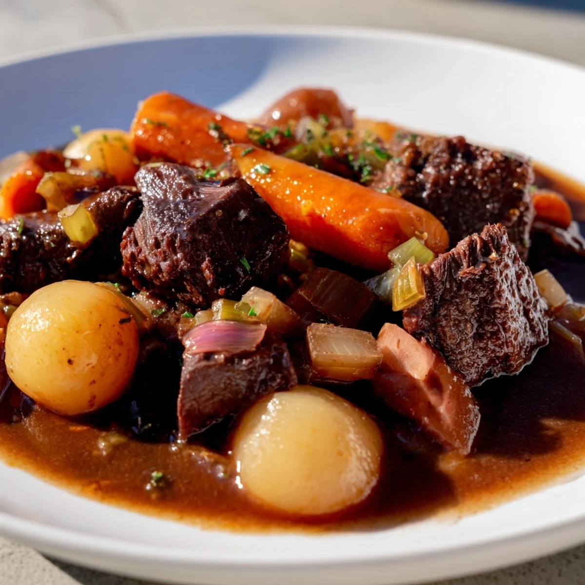 Golden Beef Stew with Root Vegetables simmered in a Dutch oven with carrots, potatoes, and herbs.