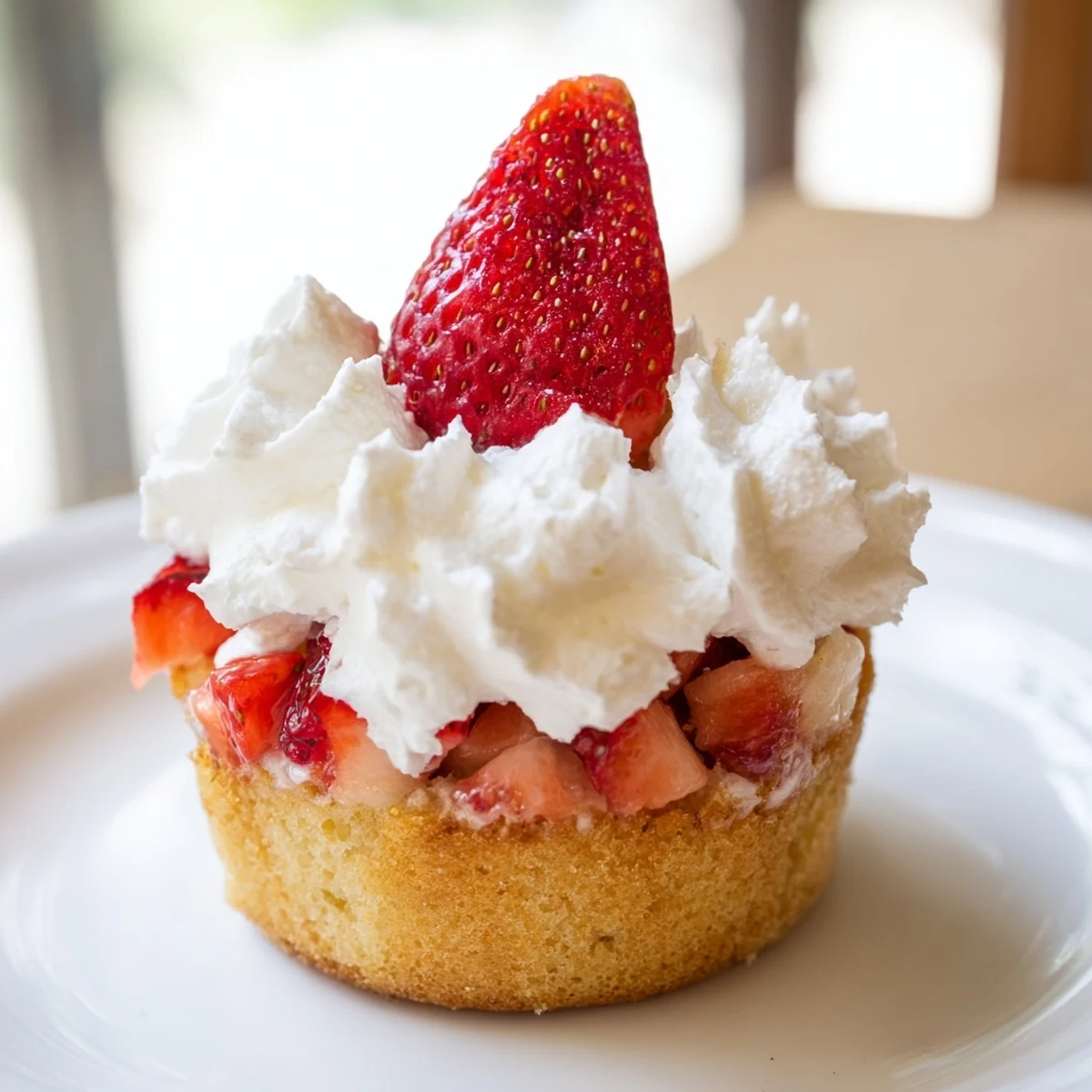 A close-up view of Strawberry Shortcake Cupcakes topped with swirls of cream and a bright halved strawberry garnish.