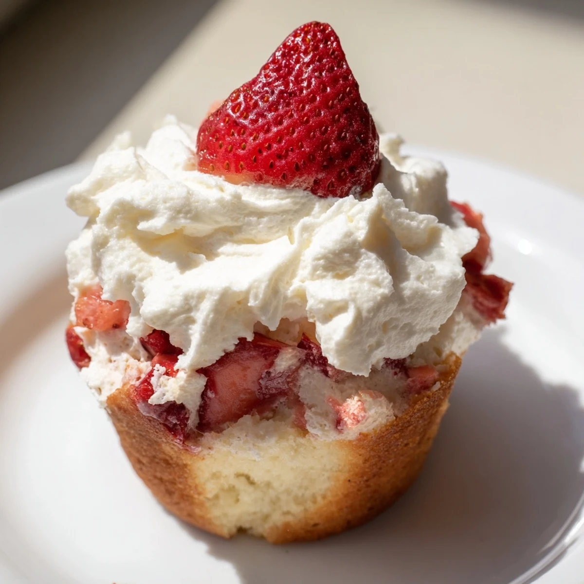 Moist vanilla cupcakes with fresh strawberry filling and a dollop of whipped cream, showcasing Strawberry Shortcake Cupcakes.