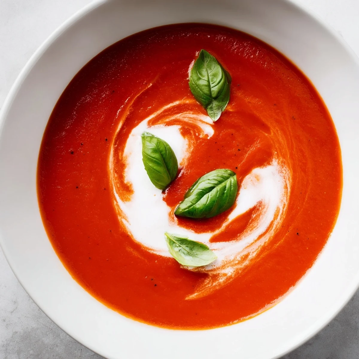 Homemade Creamy Tomato Soup with Basil in a white bowl with crusty bread, fresh basil garnish, and a drizzle of cream.