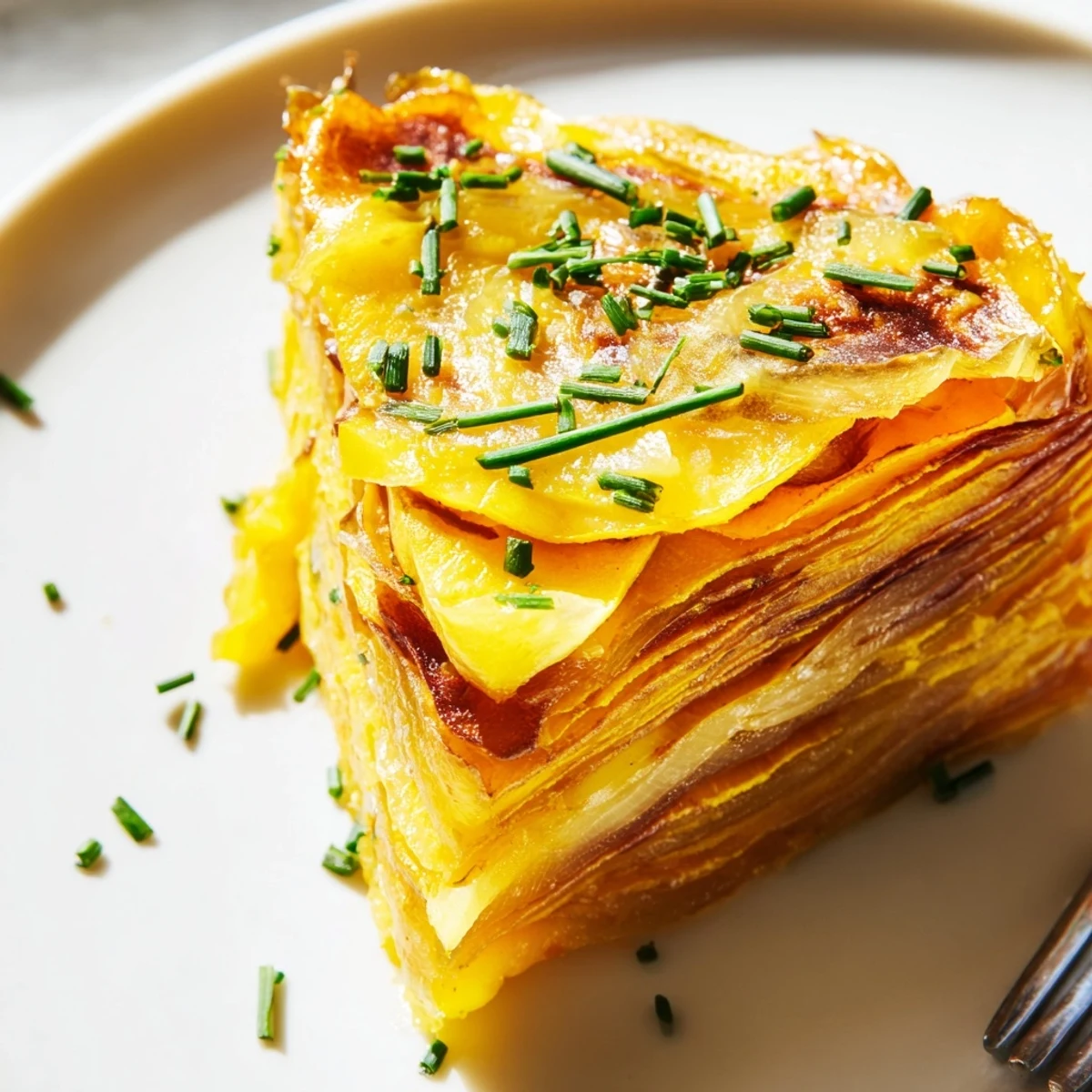 Golden layers of sweet potatoes and caramelized onions in Cheesy Sweet Potato Gratin, baked to bubbly perfection.
