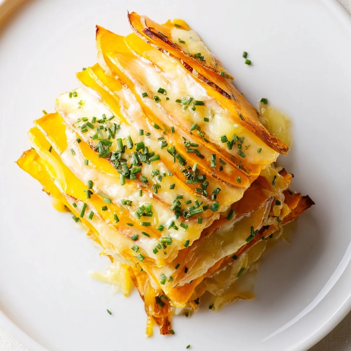 A warm serving of Cheesy Sweet Potato Gratin on a white plate, topped with melted Gruyère and chives.