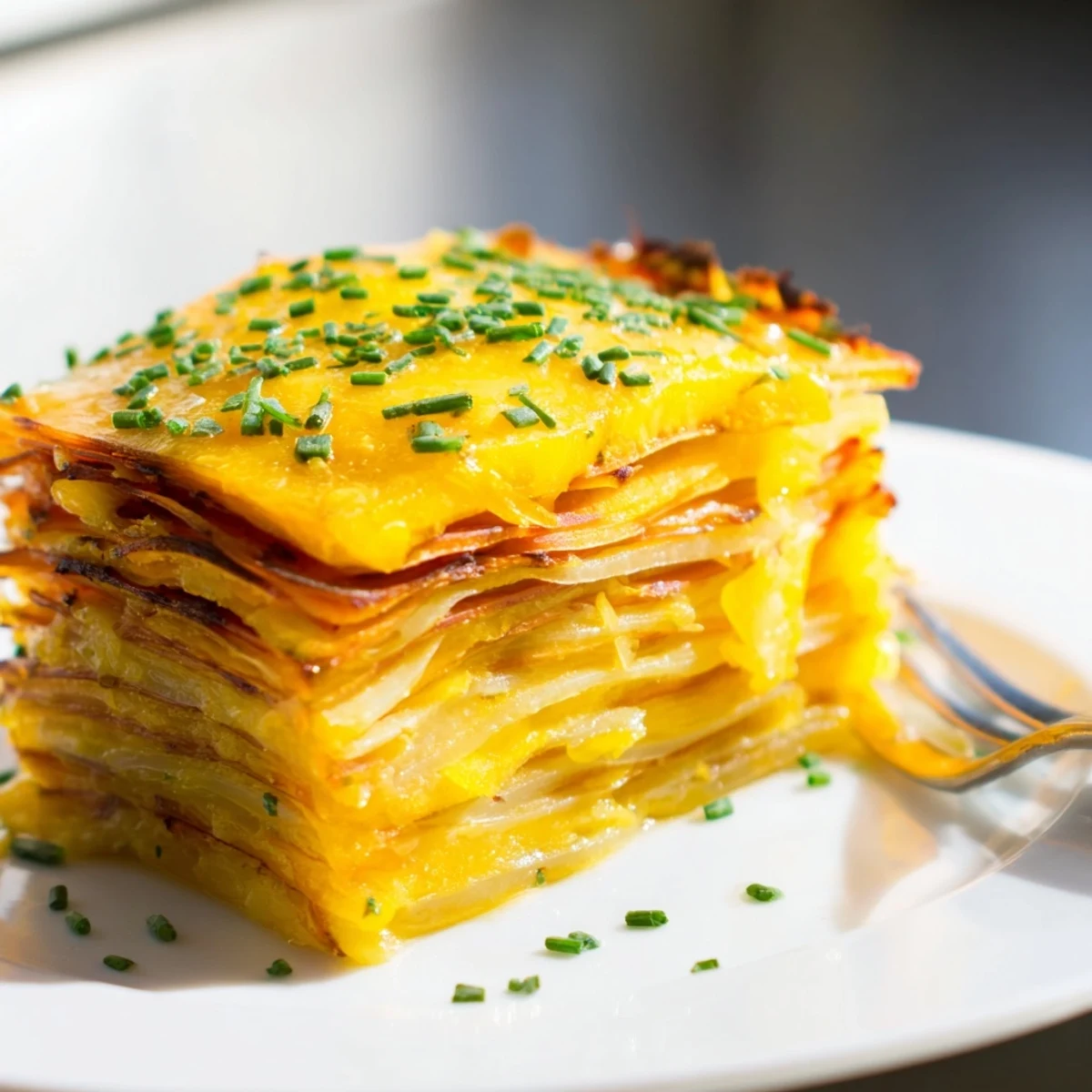 Close-up of Cheesy Sweet Potato Gratin, showing creamy sauce and tender sweet potato slices ready to eat.