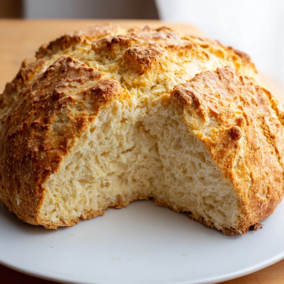 Freshly baked Authentic 4-Ingredient Irish Soda Bread with a golden crust, served warm on a wooden cutting board. 