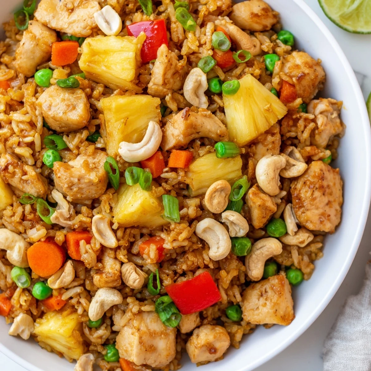 Vibrant Pineapple Chicken Fried Rice with Cashews stir-fried with red bell peppers and green onions in a wok.
