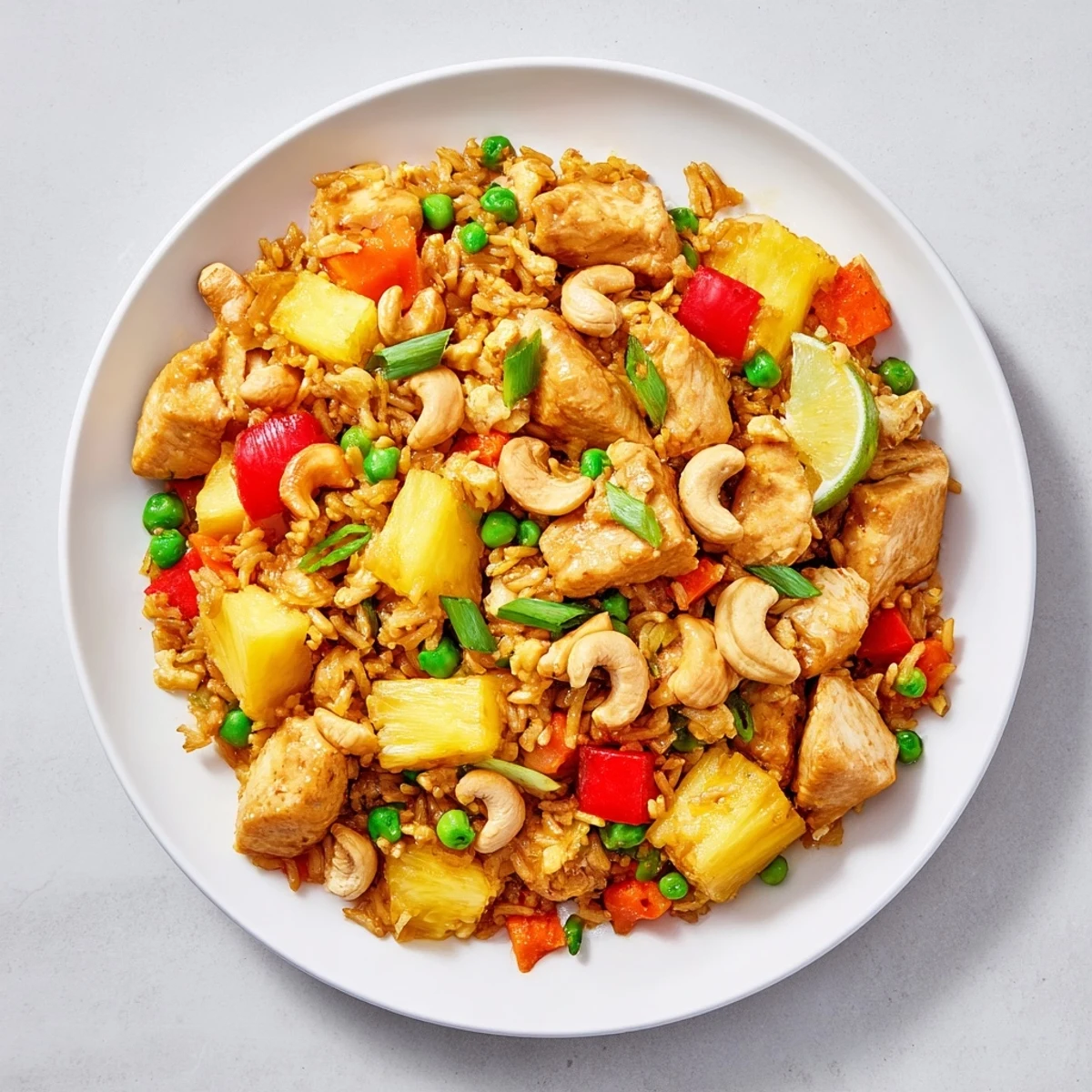 A serving of Pineapple Chicken Fried Rice with Cashews garnished with lime wedges on a colorful plate.
