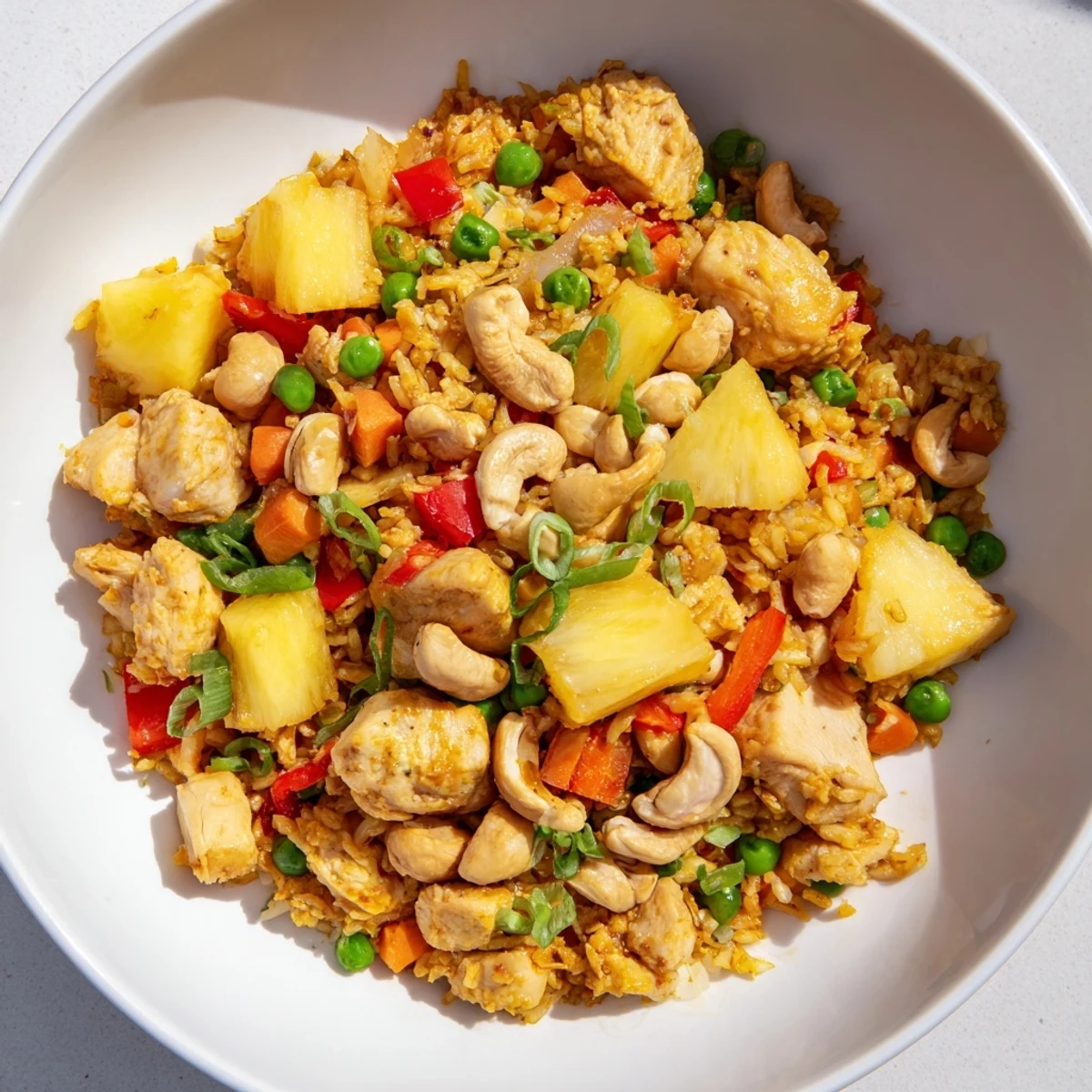 Close-up of Pineapple Chicken Fried Rice with Cashews highlighting golden chicken, sweet pineapple chunks, and crunchy cashews.