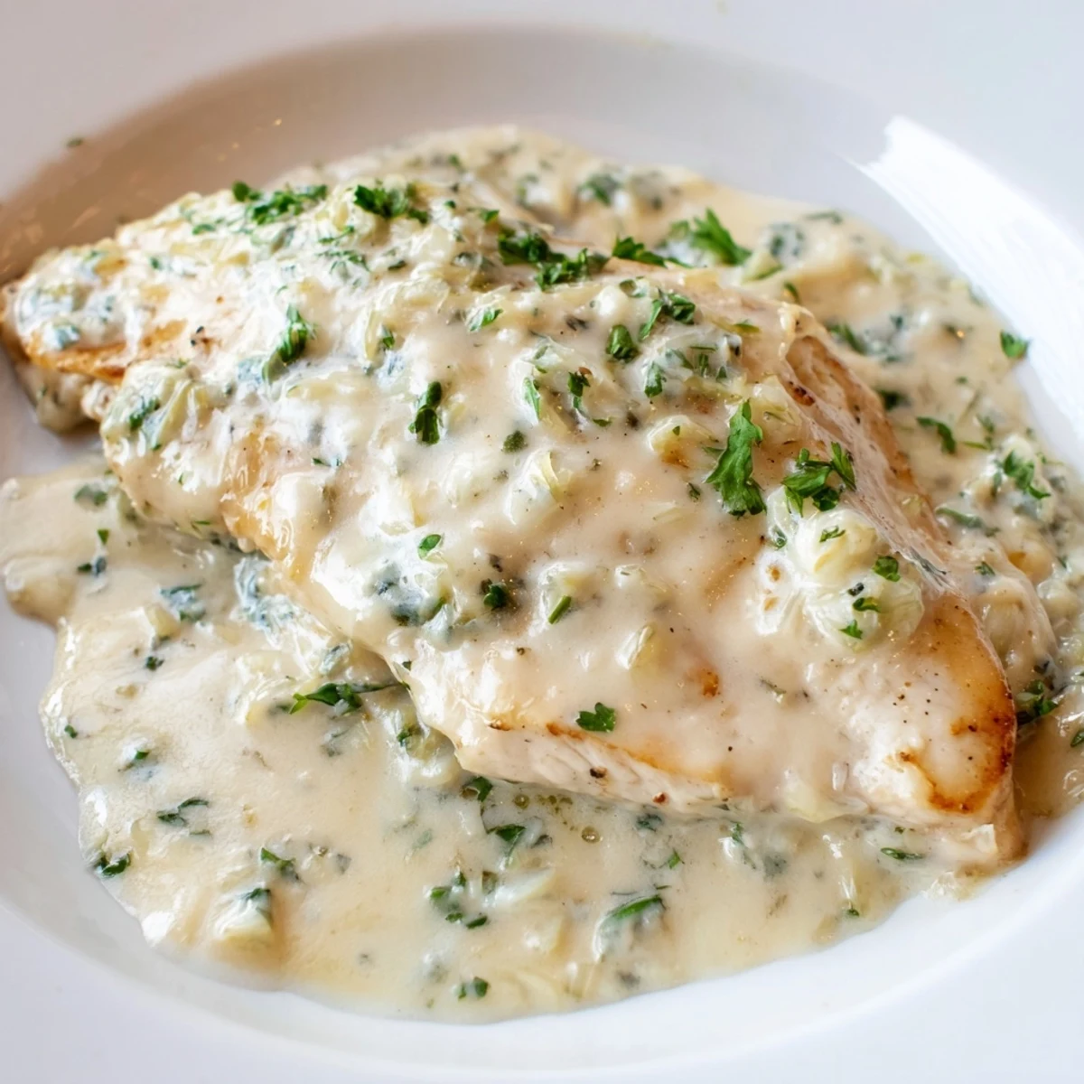 Close-up of tender Boursin Chicken served alongside steamed green beans on a white dinner plate.  