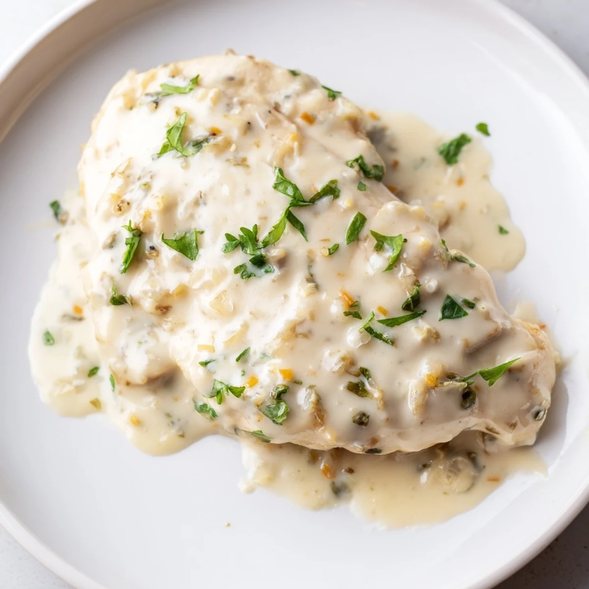 A skillet of sizzling Boursin Chicken with melted garlic cheese sauce, ready to serve four people.