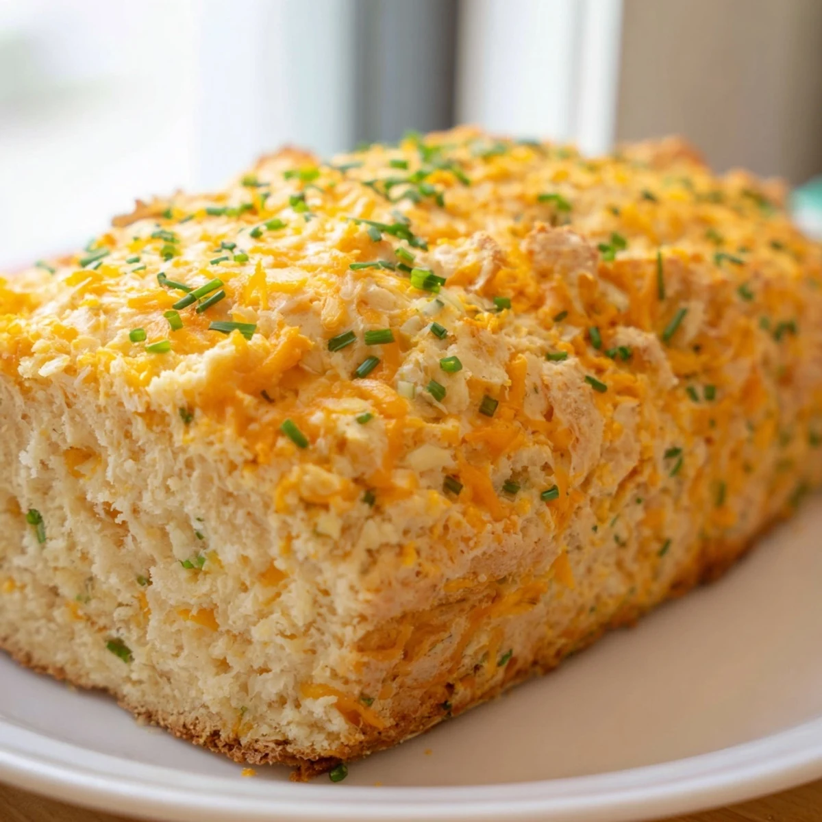 Golden, cheesy crust of Savory Cheddar & Chive Irish Soda Bread loaf with fresh chives and melted butter.