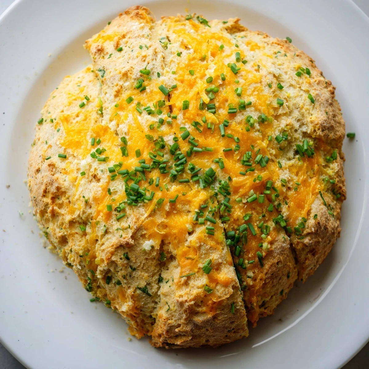 Sliced warm Savory Cheddar & Chive Irish Soda Bread served beside a steaming bowl of rustic soup.
