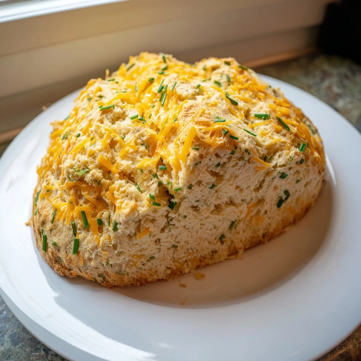 Freshly baked Savory Cheddar & Chive Irish Soda Bread on a wooden board with cheddar cheese wedge.