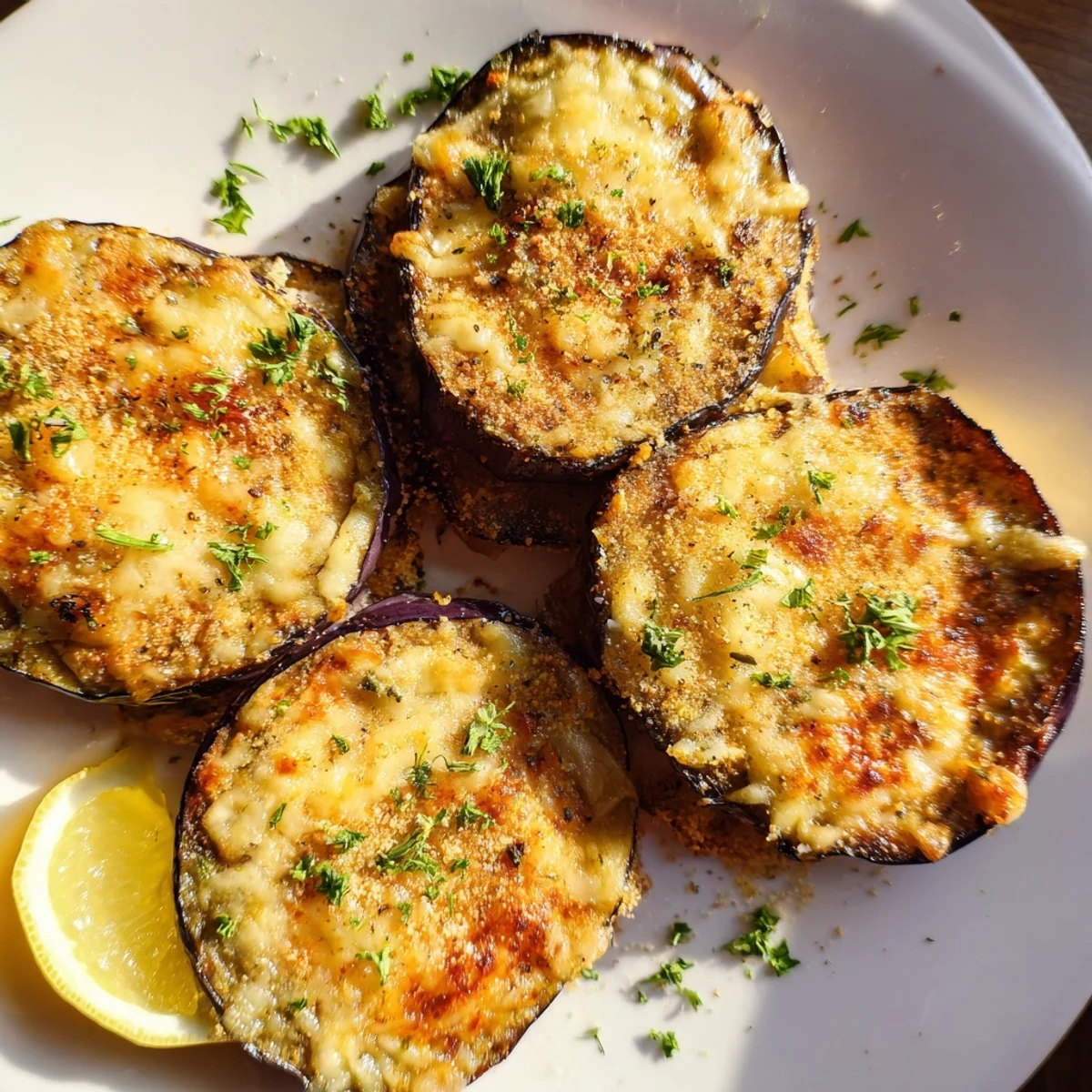 Golden roasted eggplant slices topped with crispy Parmesan and Mediterranean herbs on a platter.