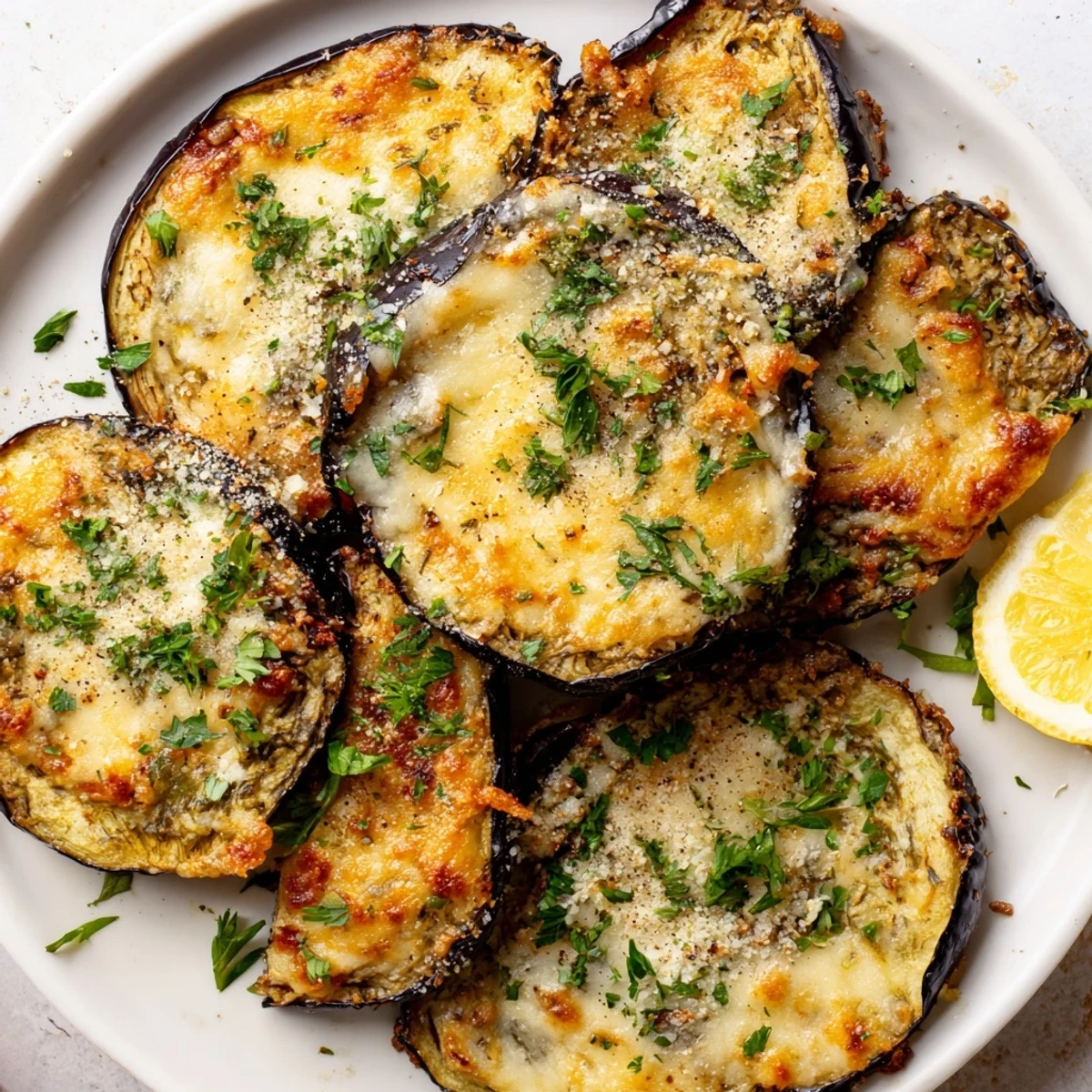 Mediterranean Roasted Eggplant & Parmesan Crisps served warm with lemon wedges for bright flavor.