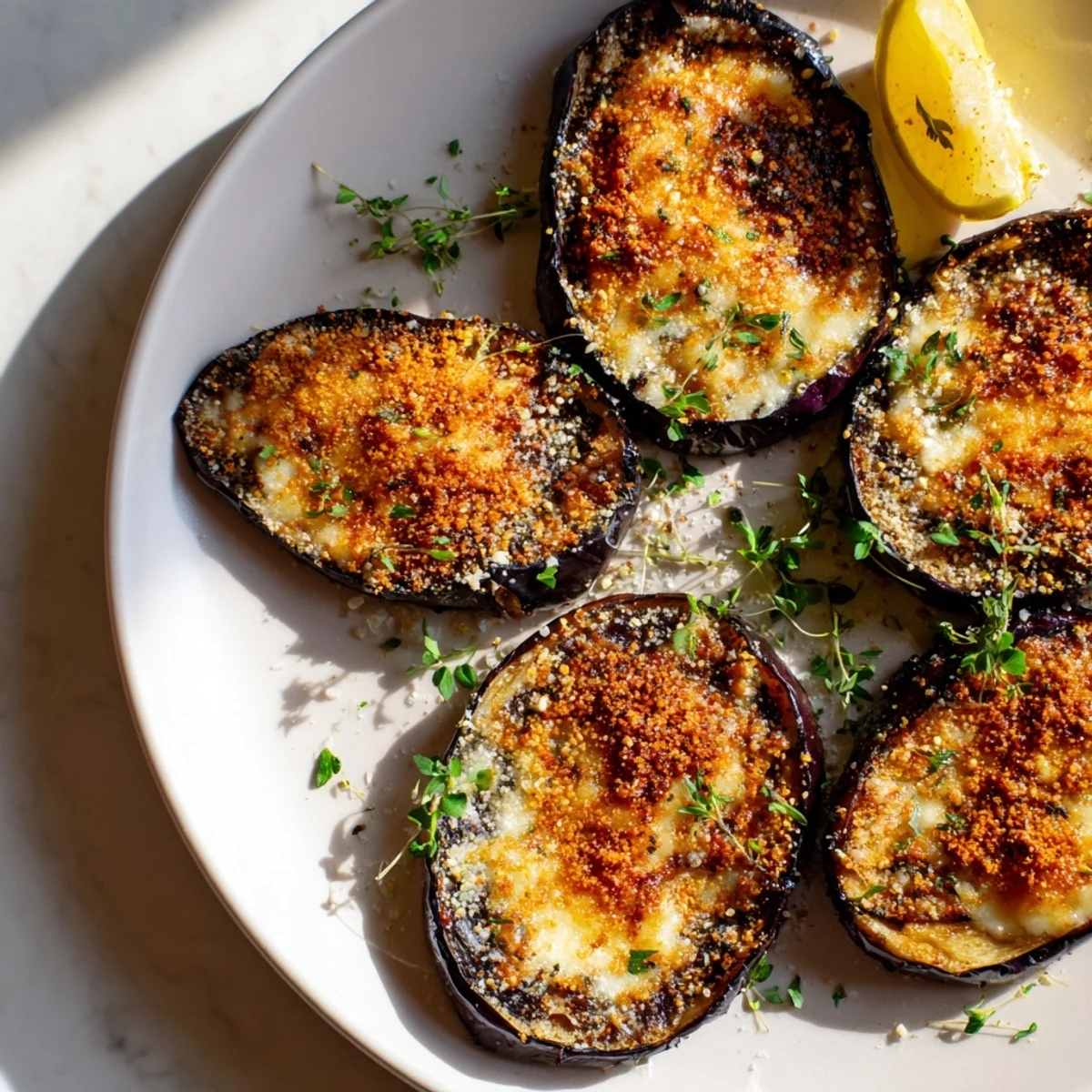 Savory Mediterranean Roasted Eggplant & Parmesan Crisps arranged with fresh parsley and sea salt.