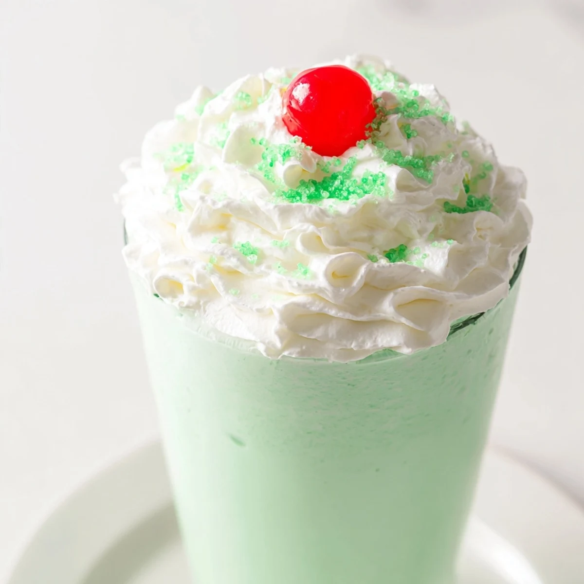 Homemade Copycat Shamrock Shake poured into a chilled glass with a fluffy whipped cream swirl and green sprinkles.
