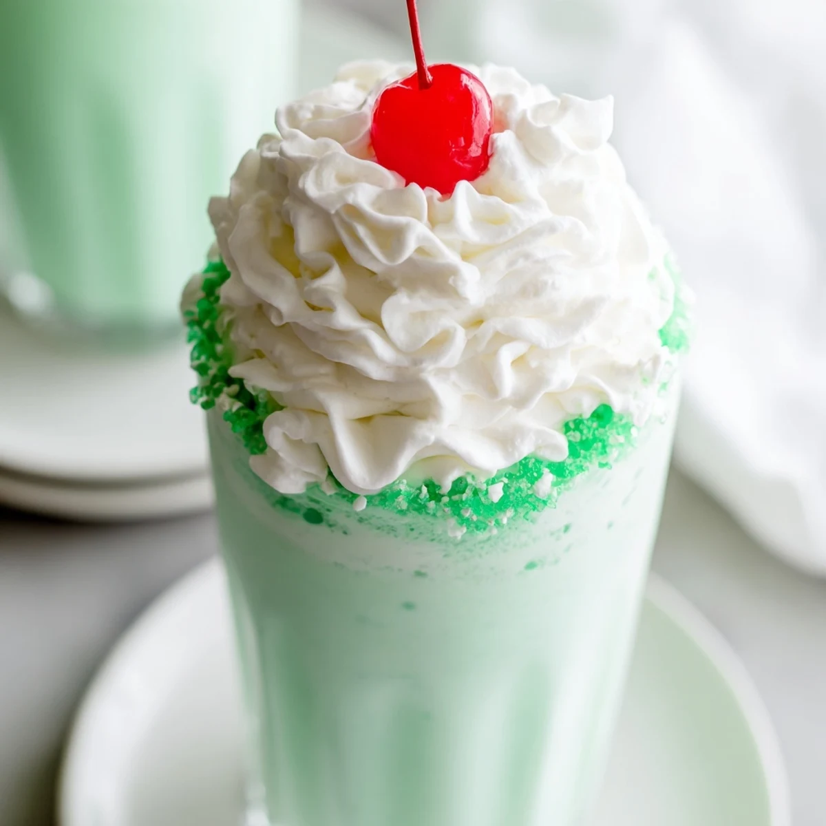 Creamy, minty Homemade Copycat Shamrock Shake topped with whipped cream and a bright red cherry in a tall glass.