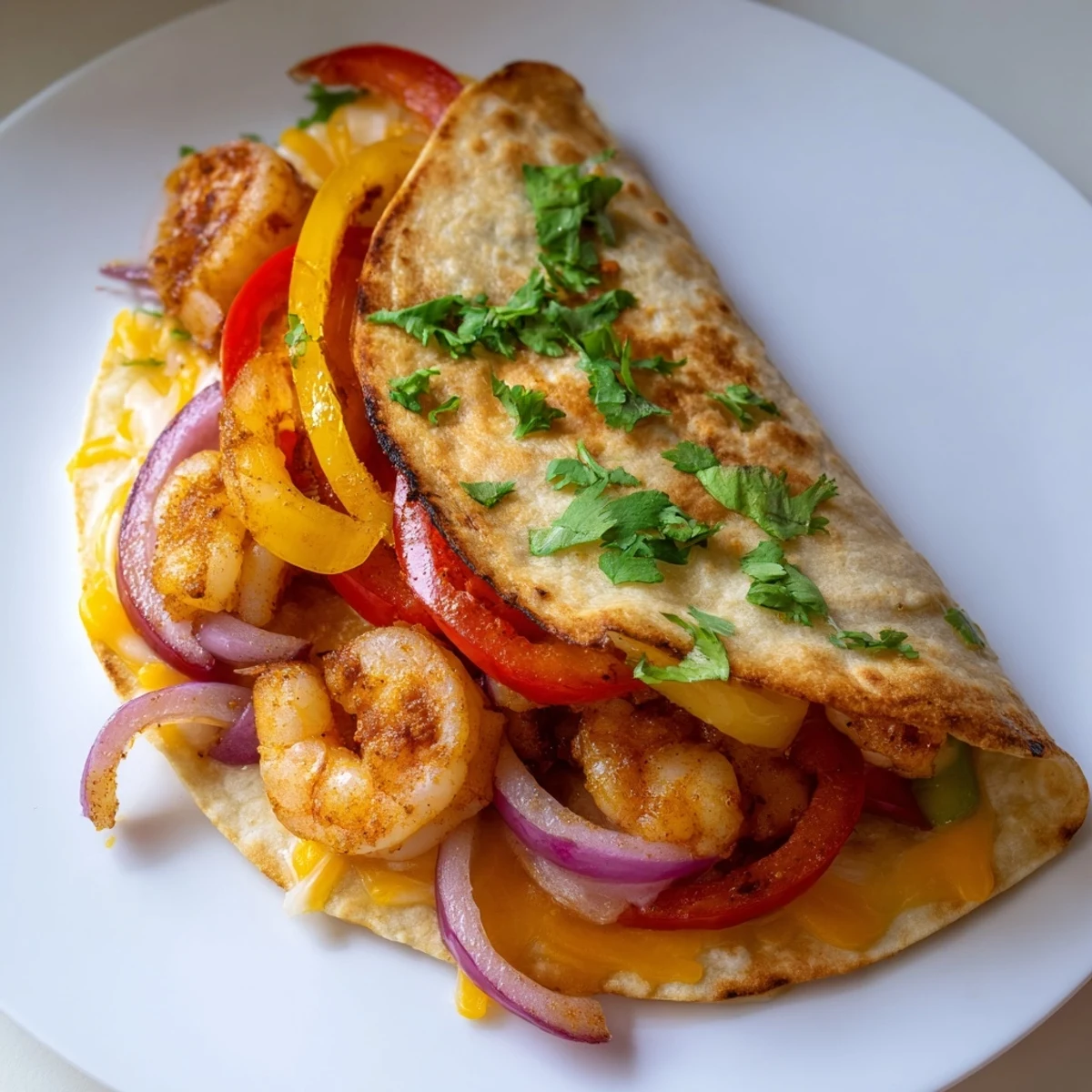 This close-up of Shrimp Fajita Sheet Pan Quesadillas shows juicy shrimp and colorful peppers peeking from a crispy flour tortilla.