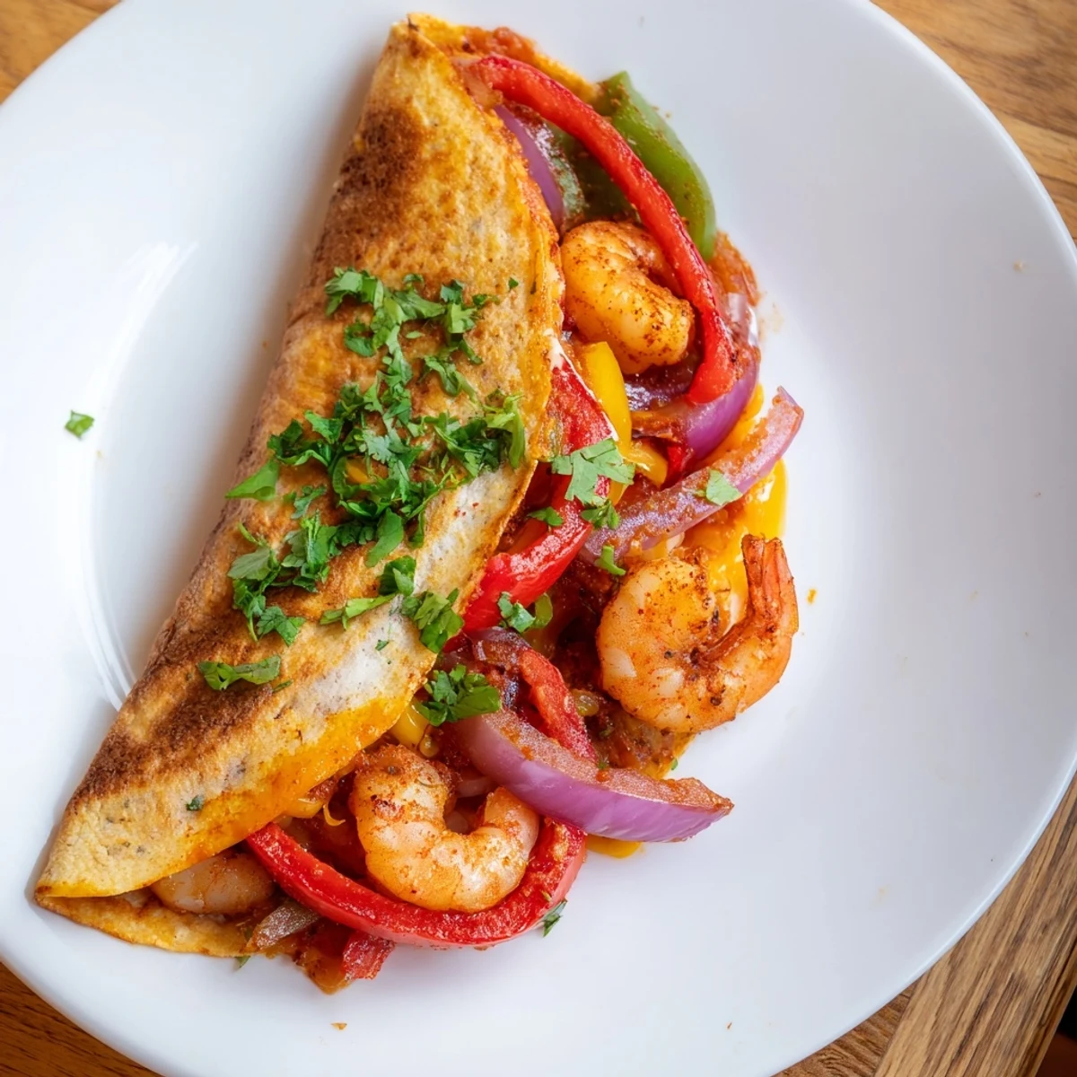 A savory slice of Shrimp Fajita Sheet Pan Quesadillas rests on a plate next to creamy avocado and fresh cilantro.