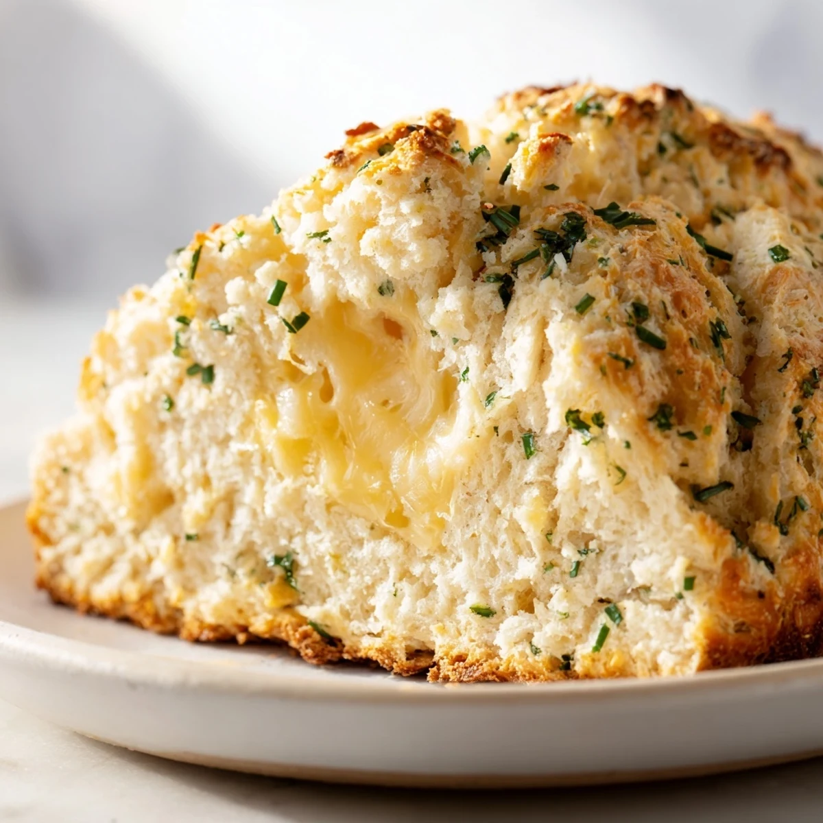 A rustic golden Savory Herbed Cheddar Irish Soda Bread loaf with visible herbs and melted cheddar on a wooden board.