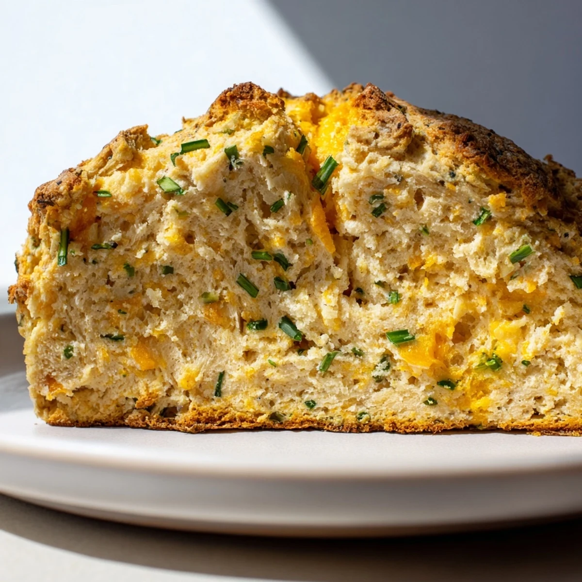 Freshly baked Savory Herbed Cheddar Irish Soda Bread sliced on a cutting board, ready to serve with butter and soup.