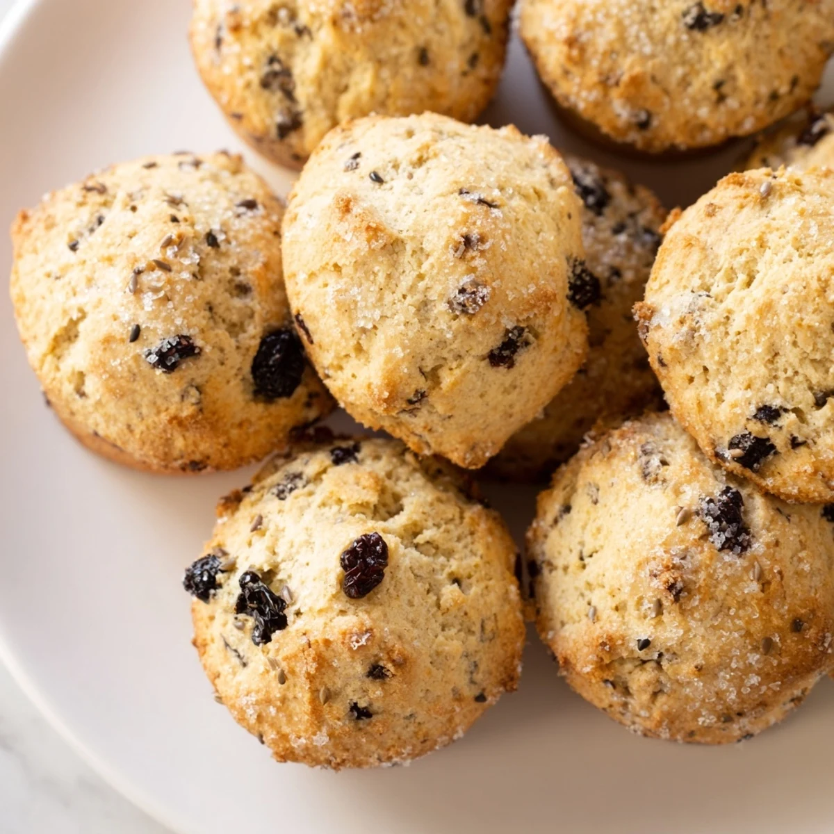 Close up of Mini Irish Soda Bread Muffins with a tender crumb and specks of currants.