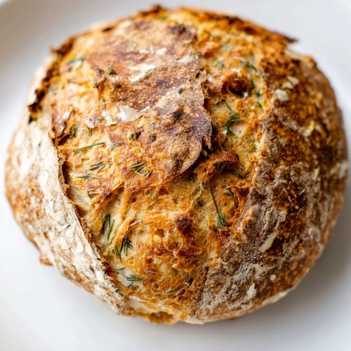 Freshly baked No-Knead Dill Gouda Artisan Bread with a golden crust, slices served beside a steaming bowl of soup.