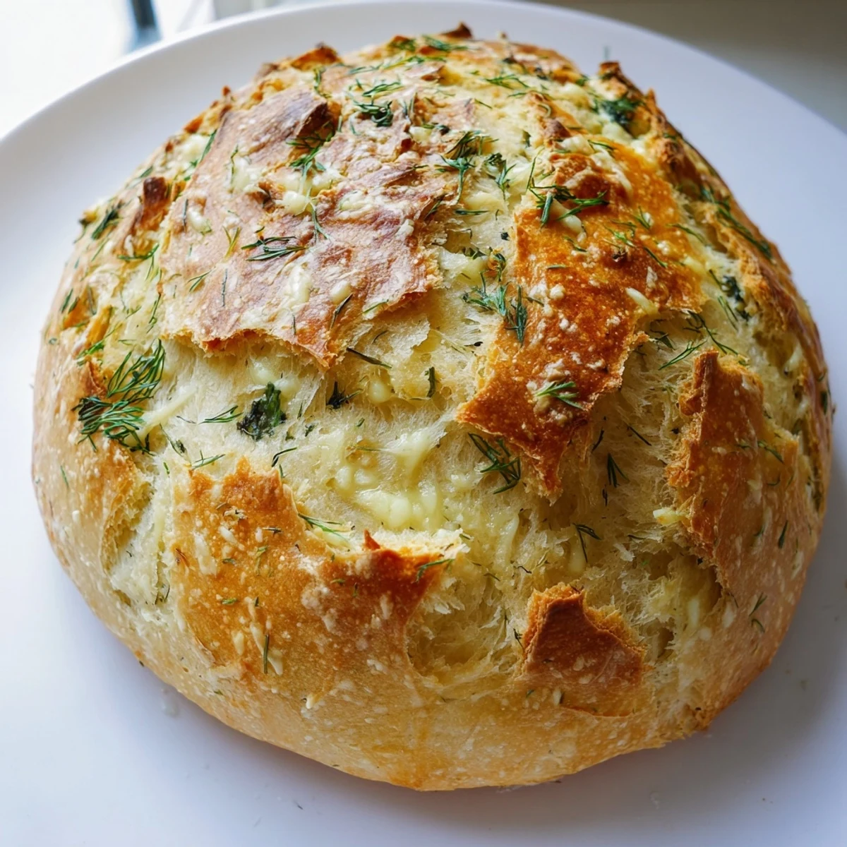Close-up of No-Knead Dill Gouda Artisan Bread showing melty cheese and flecks of green dill in a rustic loaf.