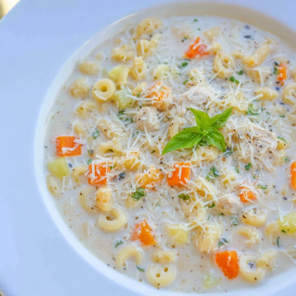 A warm bowl of Crock Pot Creamy Chicken Parmesan Soup garnished with fresh basil and melted Parmesan.