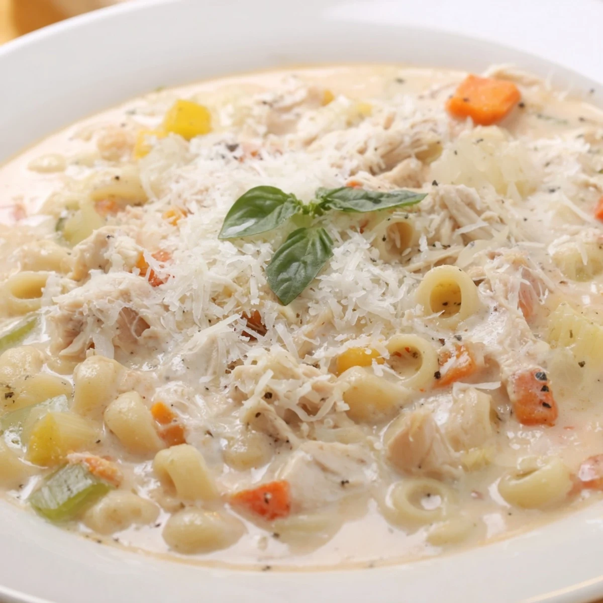 Slow cooker Crock Pot Creamy Chicken Parmesan Soup served with crusty bread for dipping and Italian herbs.