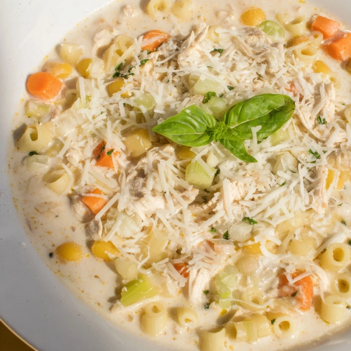 Velvety Crock Pot Creamy Chicken Parmesan Soup features tender shredded chicken in a rich tomato cream broth.