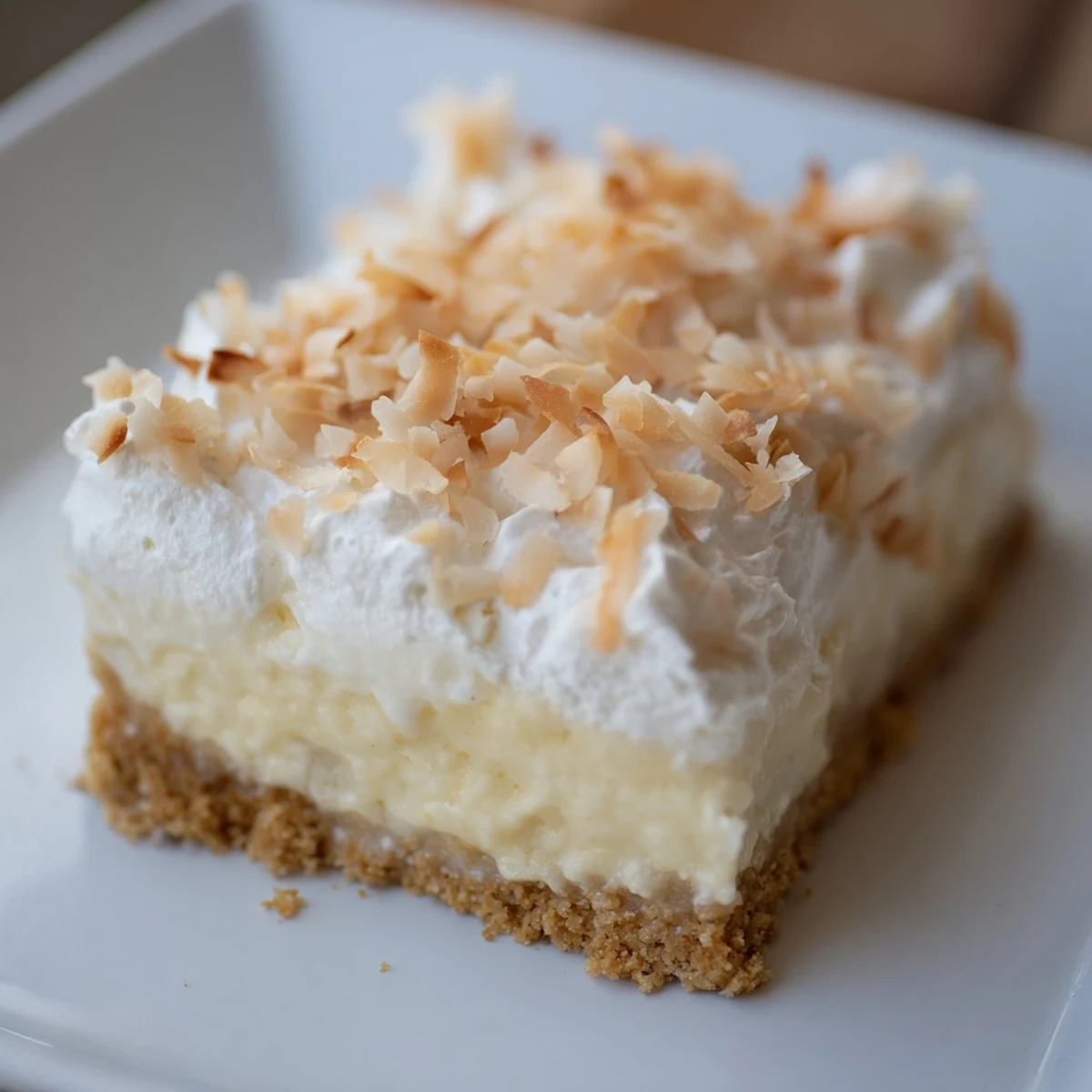 Creamy Coconut Cream Dream Bars with a crisp graham crust and fluffy whipped topping.