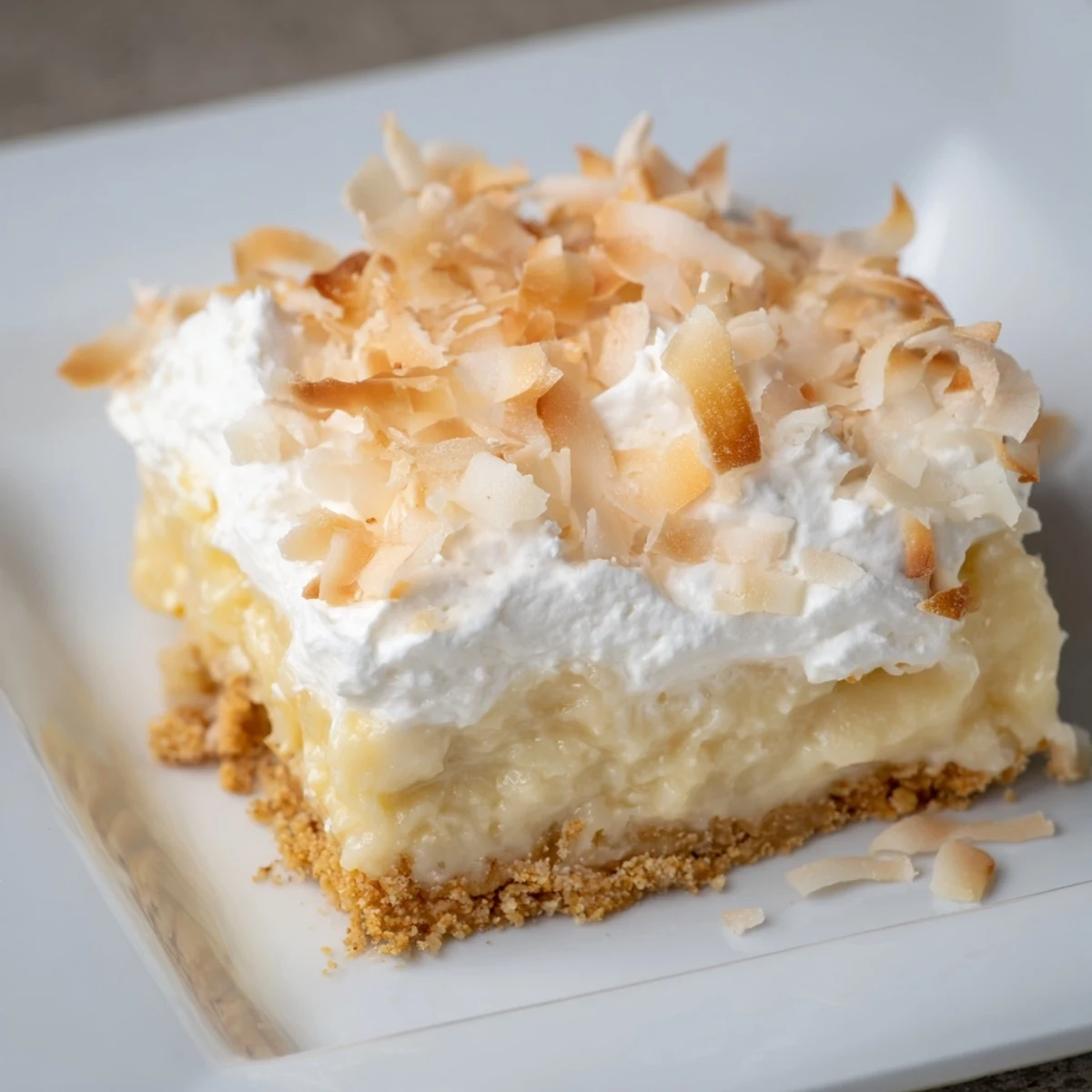 Golden-brown Coconut Cream Dream Bars featuring toasted coconut flakes on a smooth, creamy layer.