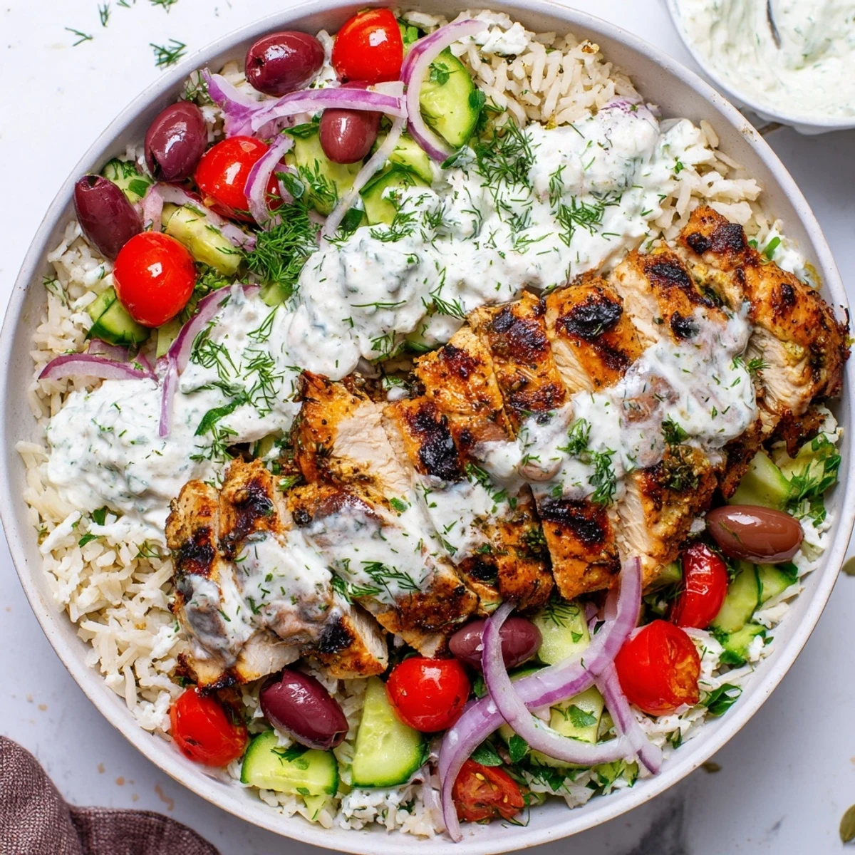 Grilled chicken slices over herbed rice with fresh veggies and tangy tzatziki sauce in Greek Chicken Bowls.