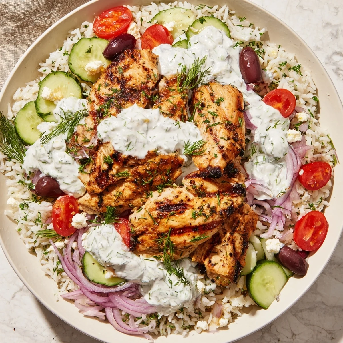 Savory Greek Chicken Bowls served with fluffy dill rice, grilled chicken, crunchy vegetables, and cool tzatziki sauce.
