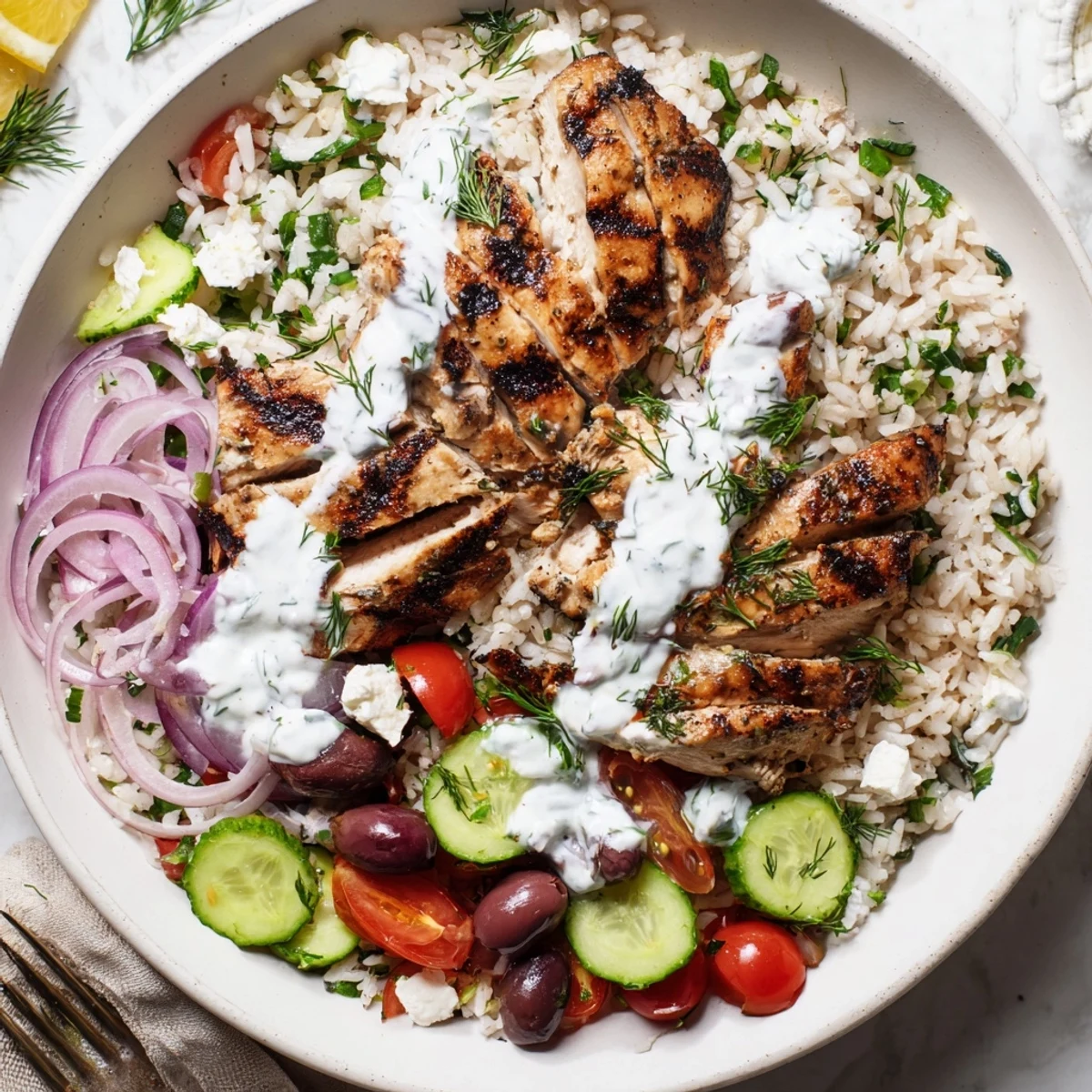 Colorful Greek Chicken Bowls feature marinated chicken, cucumber, tomatoes, olives, feta, and creamy tzatziki drizzle.