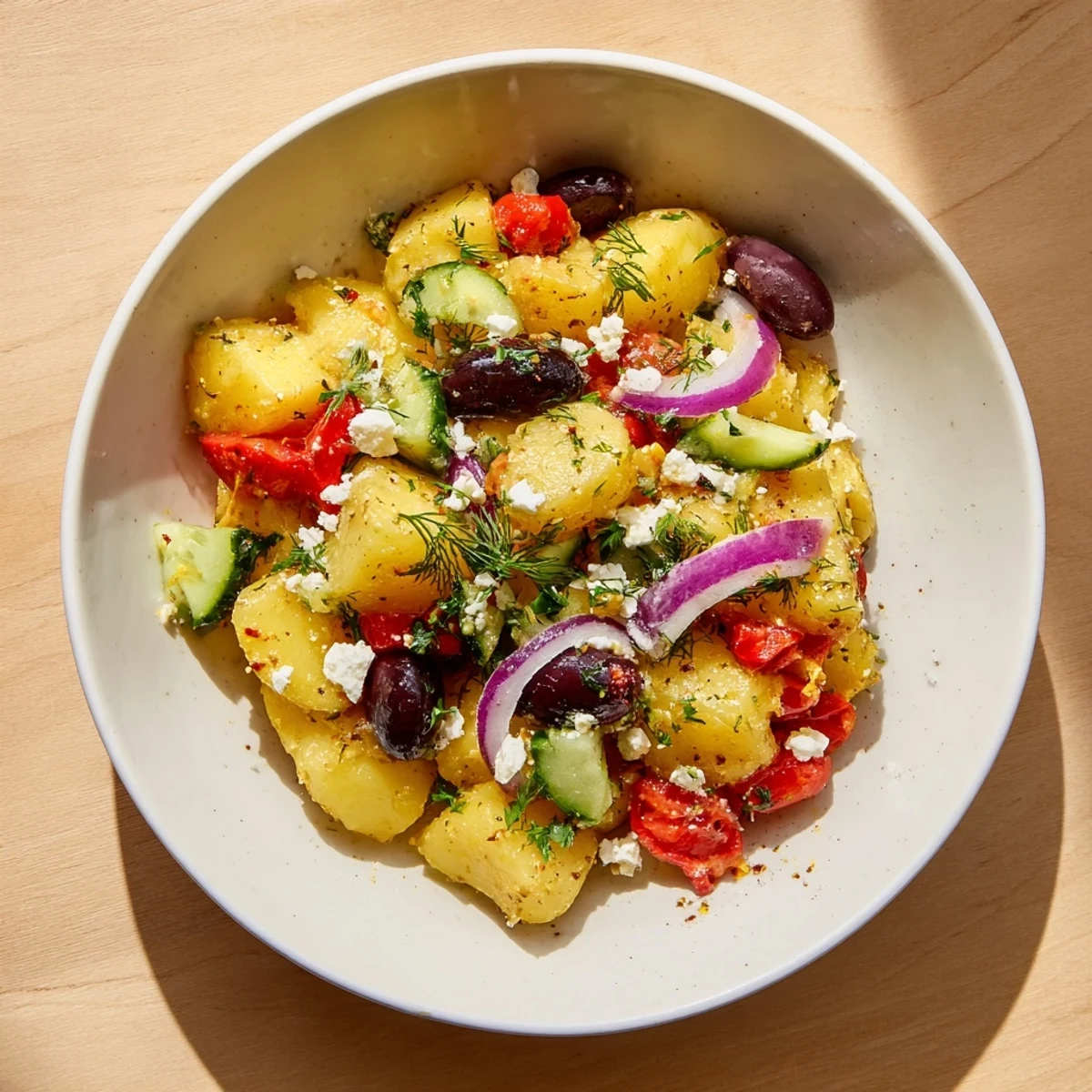 A close-up of the Refreshing Olive Greek Potato Salad showing tender potato chunks, halved cherry tomatoes, and Kalamata olives with crumbled feta.