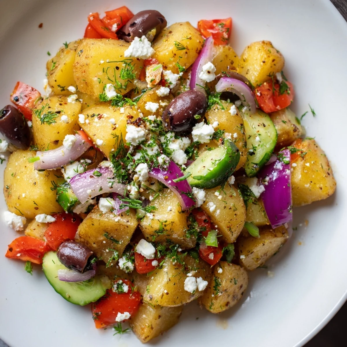In a white bowl, the Refreshing Olive Greek Potato Salad glistens with a light dressing, fresh dill, and crisp cucumber pieces, ready to serve.