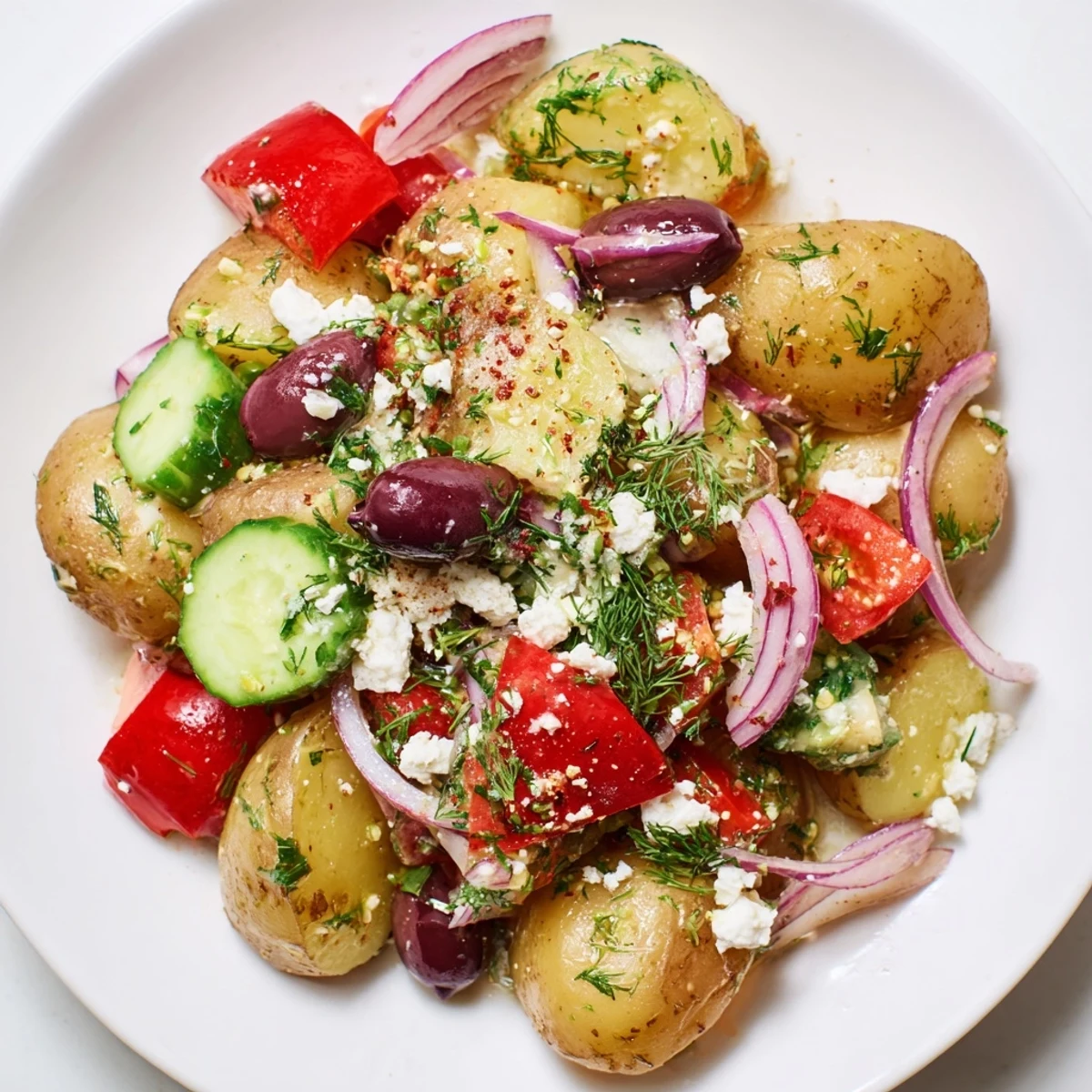 Brightly lit photo of the Refreshing Olive Greek Potato Salad on a summer table, paired with grilled chicken and garnished with fresh parsley.