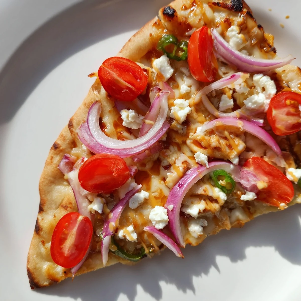 A close-up shows slices of Sweet Heat Honey Garlic Flatbread Pizza with roasted cherry tomatoes, red bell peppers, and a glossy honey drizzle on a rustic board.