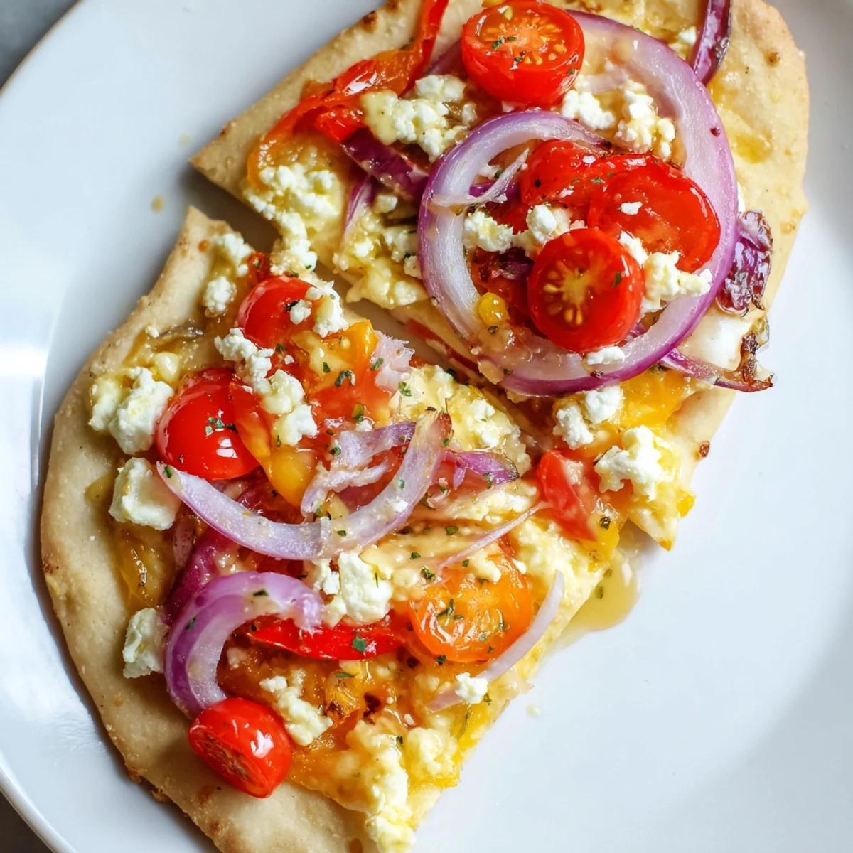 Golden, bubbly mozzarella and crumbled feta melt over a flatbread pizza base brushed with sweet heat honey garlic sauce, topped with fresh red onion and jalapeños.