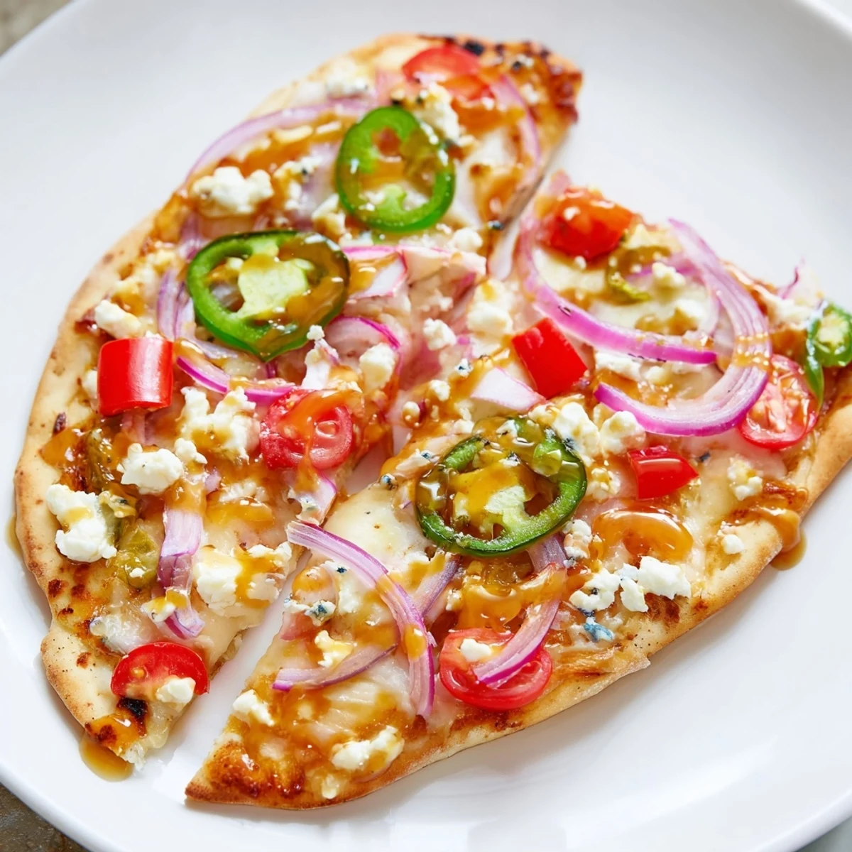 Fresh cilantro and sliced jalapeños add color to this Sweet Heat Honey Garlic Flatbread Pizza, served hot from the oven on a marble countertop.
