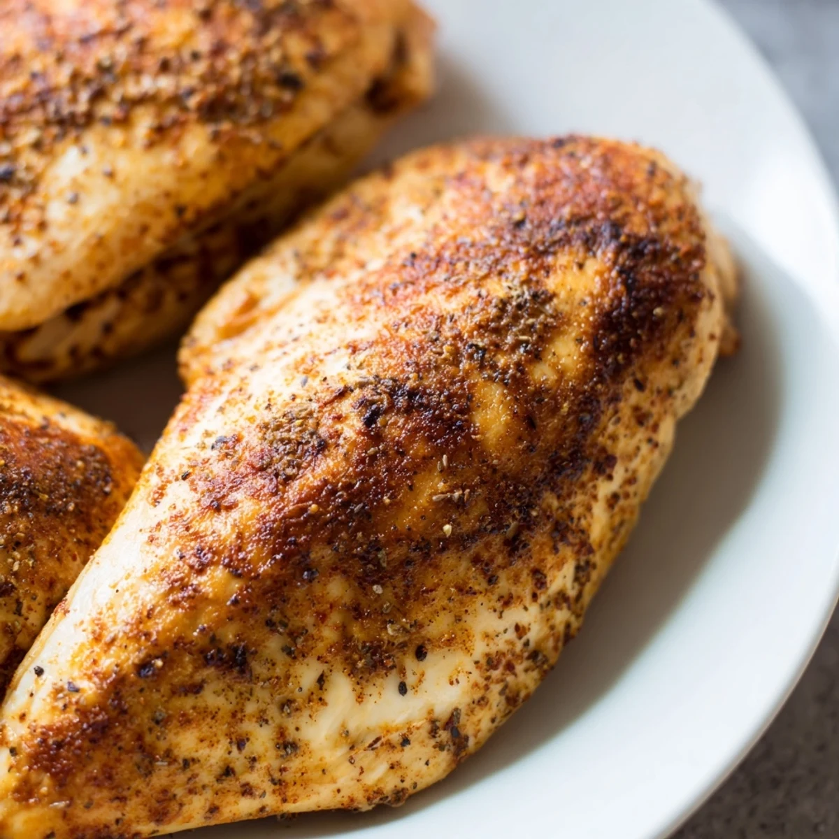 This close-up shows tender, sliced chicken breasts ready to serve. 