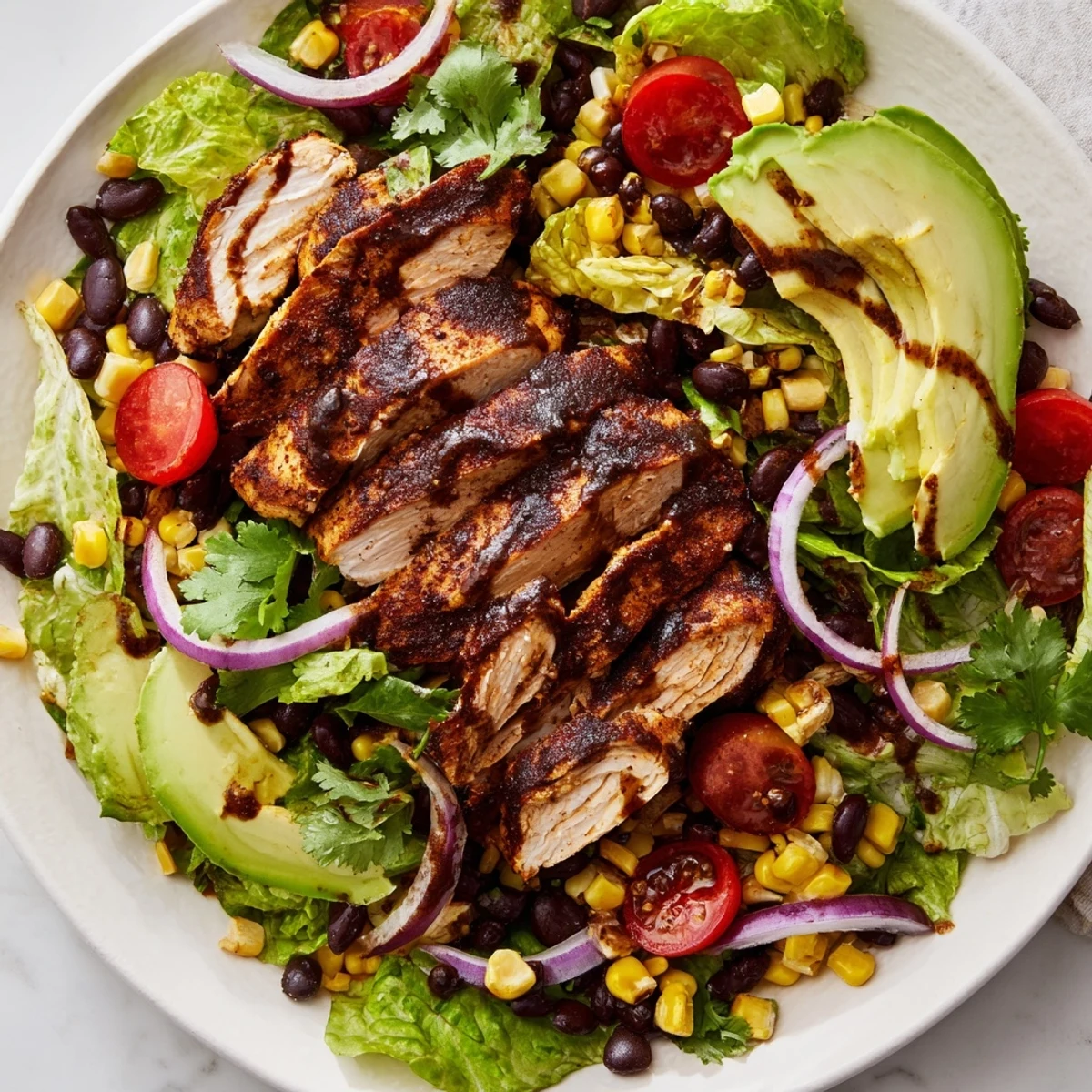 Chipotle lime chicken salad with sliced grilled chicken, crisp romaine, cherry tomatoes, and a tangy dressing drizzle.