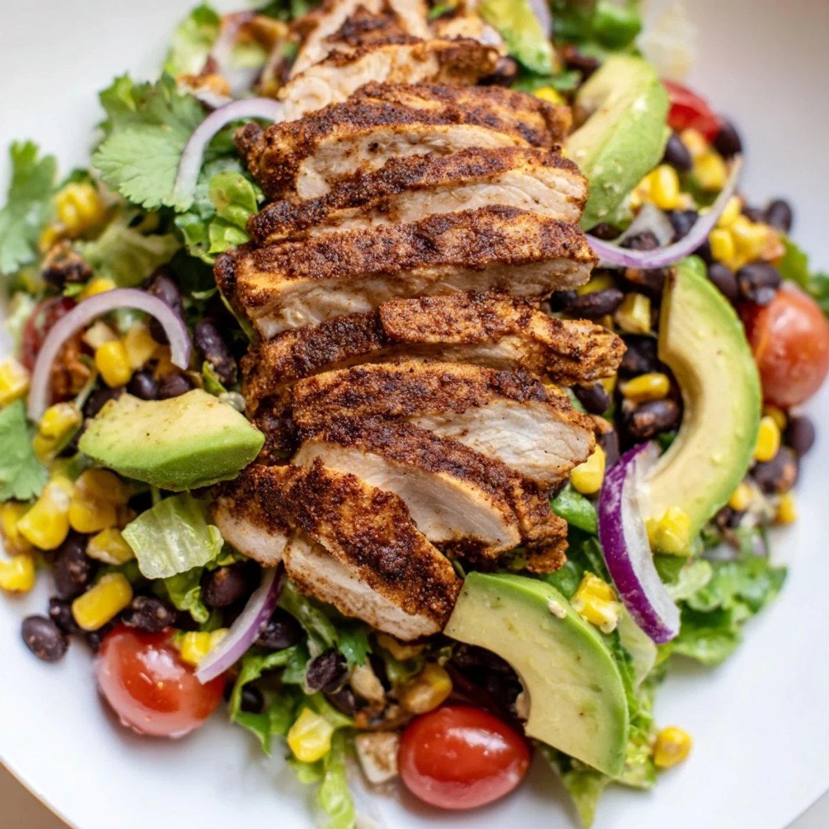 Tender smoky chipotle lime chicken salad with fresh avocado, corn, and black beans in a vibrant bowl.