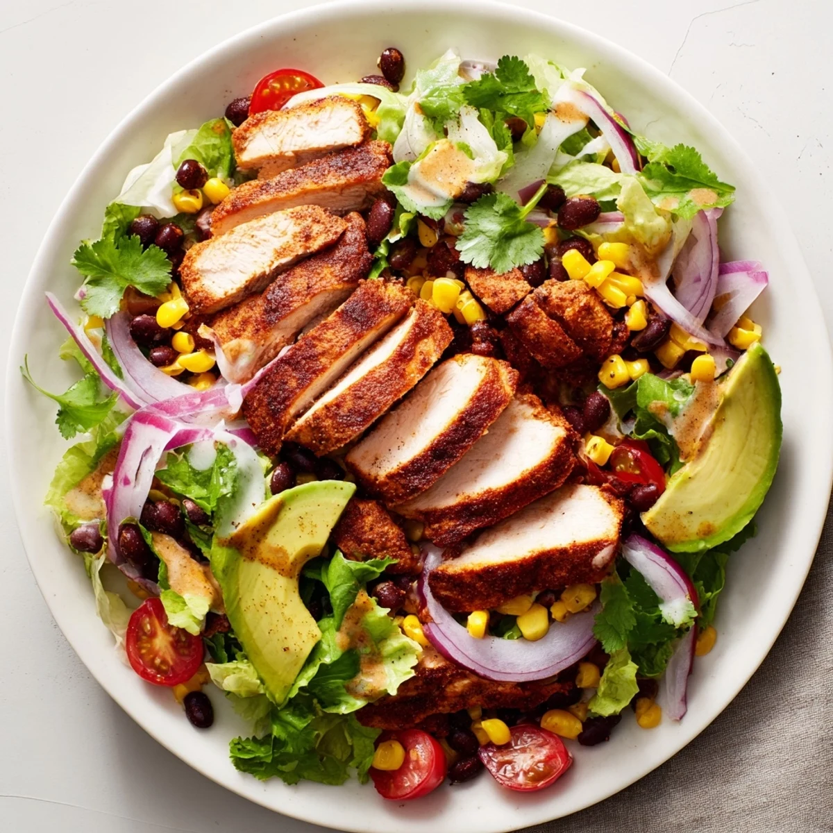 A colorful serving of chipotle lime chicken salad showing juicy chicken, creamy avocado, and bright cilantro garnish.